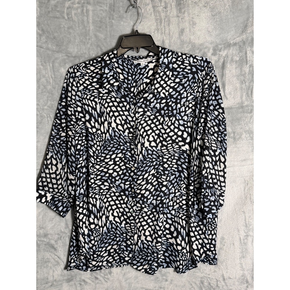Rose + Olive Womens 2X Blue Black Abstract Animal Print Button Down Blouse Top